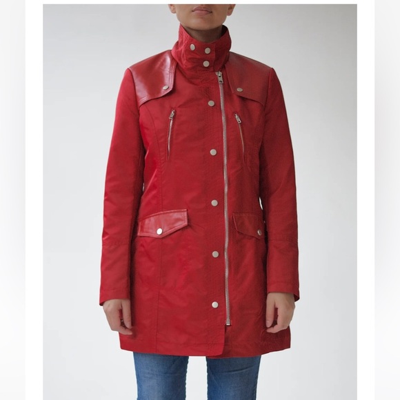 Samantha Sipos Red Leather Trim Coat Small NWT Stand Collar Zip Pockets Luxe - Picture 2 of 7